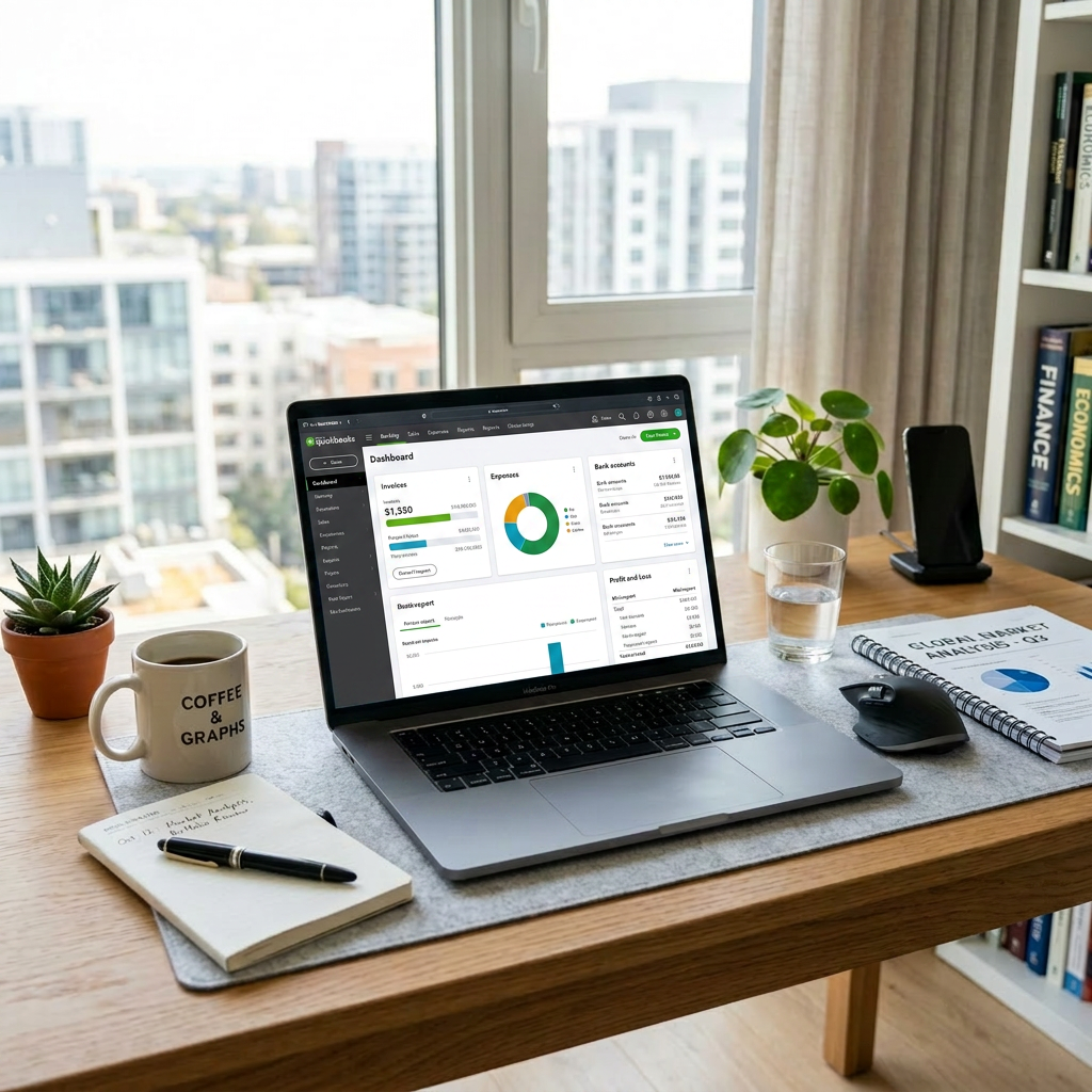 Laptop showing stock market charts and graphs on a wooden desk with coffee mug, notebook, pen, plant, and glass of water